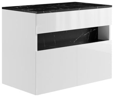 Vente-unique-Mueble de baño Flotante con Luces LED y encimera - Blanco y Negro Efecto mármol - Ancho 80 cm - POZEGA