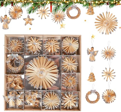 44-teiliges Strohsterne Christbaumschmuck Set, Strohsterne Weihnachtsbaum, Kristbaum Schmuck Baumschmuck Weihnachten Weihnachtsdekoration Tannenbaumschmuck Weihnachtsbaumanhänger Groß/klein Ø12/6/3cm