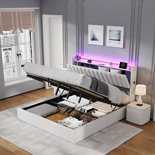 Besbed King Size Bed with Storage, 5ft Ottoman Bed Frame with Headboard & Hydraulic, Upholstered Bed with LED-Lighting & Charging-Station, PU, 150x200 cm, White, No Mattress