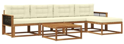 vidaXL Outdoor-Sofagarnitur mit Kissen 6 pcs Natur und Creme, Patio-Lounge-Set, modernes Outdoor-Sofa, wetterfestes Gartenmöbel, Akazienholz