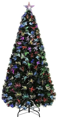 6Ft/180cm Fibre Optic Christmas Tree with Star Topper - Firework Flower Light Effect - Pre-Lit Green Artificial Xmas Tree - Multicolor Changing Lights