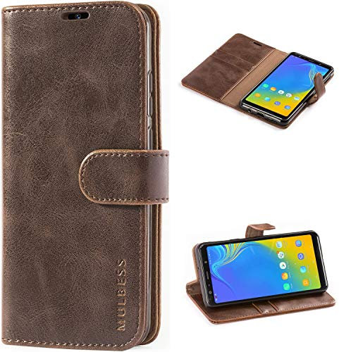 Mulbess Handyhülle für Samsung Galaxy A7 2018, Leder Flip Case mit Kartenfächern, Magnetischer Verschluss, Ständer, Vintage Braun