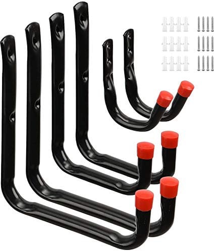 Heavy Duty Garage Storage Utility Hooks, Wall Mount Ladder Hangers Garden Organizer for Power Tools, Chairs and Hoses (6 Pack - Black)