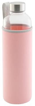 axentia Bottiglia acqua in vetro borosilicato, borraccia con tappo a vite in acciaio inox e custodia in neoprene, ca. 500 ml, trasparente/rosa