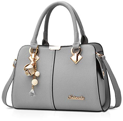 NICOLE & DORIS Damen Handtasche Mittelgross Elegant Handtaschen Mode Umhängetasche Henkeltaschen PU Leder Alltags Schultertasche mit Quasten Anhänger Hellgrau