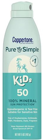 Coppertone Pure and Simple Kids Sunscreen Spray SPF 50, Zinc Oxide Mineral Sunscreen for Sensitive Skin, Hypoallergenic and Tear Free, 5 Oz Can
