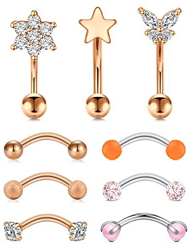 Rajnard 10Pcs Piercing Sourcils Arcade Piercing Rook 16G 8mm Acier Chirurgical avec Diamant Perle Coeur étoile Daith Piercing Argent Or Rose
