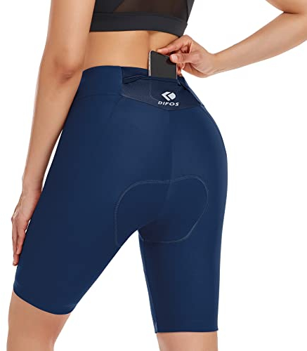 DIFOS Radlerhose Damen Gepolstert High-Waist Fahrradhose Kurz mit 4D Sitzpolster Radhose Schnell Trocknende Gesäßtasche Blau L