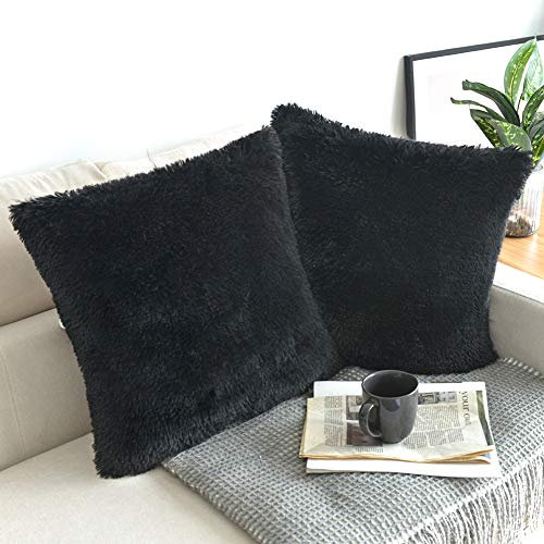 NordECO HOME 2er Set Kissenbezug 60x60 cm Schwarz Künstlich Pelz Dekorative kissenhülle Deko Kissen Kuschelkissen Flauschig Sofakissen Superweich Plüschkissen für Sof 24x24 Zoll