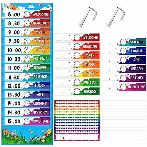 Taschenkalender für den täglichen Stundenplan, Klassenzimmer-Tafel mit 13+1 Taschen, 26 wiederverwendbaren Karten (13 doppelseitig bedruckte Karten & 13 leere Karten) sowie 2 Metallhaken (Blue Sky)