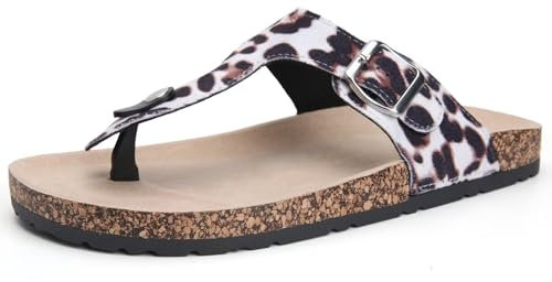 Torotto Damen-Sandalen mit Kork-Fußbett, offener Zehenbereich, verstellbares Gurtband, flache Sandalen für Spaziergänge, Strand, Indoor, Leopard/Weiß, 40.5 EU