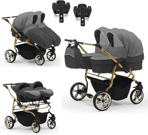 Zwillingskinderwagen 5 in 1 Duet Lux Goldedition inkl. Autositze und Iso Bases - 14 Teile - in 20 Farben