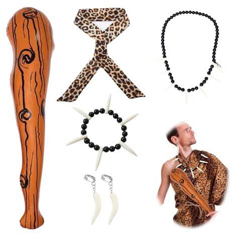 VIDSTW 5 Piezas de Disfraces de Hombre de las Cavernas Salvajes Disfraz CaverníCola NiñOs y Adultos Disfraz y Divertidos Accesorios Diadema Inflable de Leopardo De Maza, Pulsera, Collar, Aretes