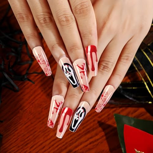 AUEJACKY Unghie di Halloween, 24 pezzi di unghie di Halloween da attaccare, unghie nere di Halloween, unghie di ragno, unghie finte per donne e ragazze per la decorazione di Halloween (rosa, 1)