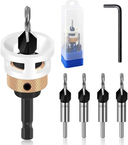 Bcuuozeeing 6-Piece Countersink Drill Bit Set, Countersink Wood Drill with Depth Stop, 1/4 Inch Hex Shank, HSS-M2, Precise Holes for Wood Processing