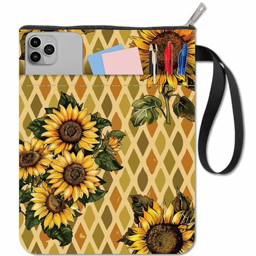 CRASPIRE Custodia per Libri con Motivo Girasole con Cerniera e Custodia Extra retrò Vintage Floreale in Tessuto Rettangolare Lavabile per Libri Tascabili Quaderni Tasca in Tessuto Lavabile