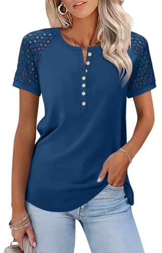 Minetom Women's Lace Short Sleeve Tops Henley Shirts Business Casual Blouses Summer Tops, Navy Blue, M