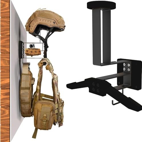 HHUXIUE Tactical Gear Wall Mount, Motorcycle Helmet Holder Stand Jacket Hanger Plate Carrier Rack Display Organiser for Police Football Cycling Suit (Black)