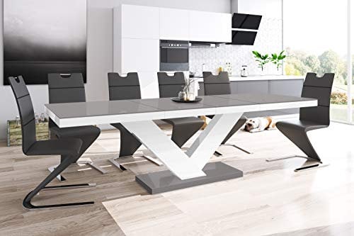 Design Esstisch HE-999 Grau Hochglanz/Weiß Hochglanz ausziehbar 160 cm bis 256 cm Esszimmertisch für bis zu 10 Personen Hochglanz Funktionstisch modern vielseitig Esszimmer erweiterbar zeitlos