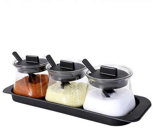 Set of 3 Glass Condiment Jar with Tray, Condiment Container Seasoning Box Set, with Lids and Spoons Kitchen Seasoning Box for Salt Pepper Sugar Spice Storage,Kitchen,Counter (Black)