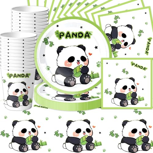Panda Party Geschirr Set, 61Stk Panda Thema Geburtstag Dekoration, Cartoon Teller Papier Handtücher Tasse Tischdeck, Baby Jahrestag Party, Tier Kinder Geburtstag Dekorationsartikel