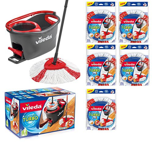 Vileda Turbo EASYWORLD Anillo & Clean Juego completo, cubo con Fregona y Power Plus centrifugado 5 x cabezal de repuesto Turbo