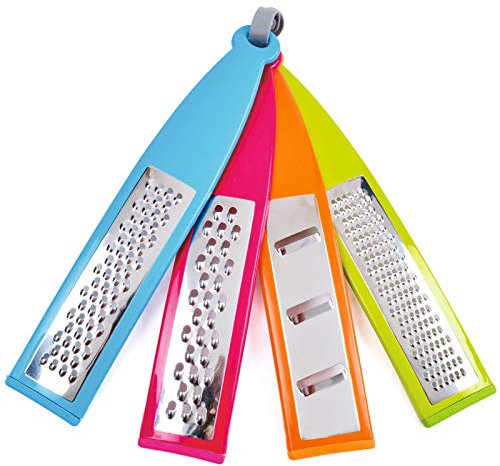 4x Colourful Food Graters with Silicone Non-Slip Feet – Stainless Steel Lemon Lime Fruit Zester Kitchen Accessories – Flat Handheld Grater for Cheese Parmesan Vegetables Chocolate Garlic Nutmeg Ginger