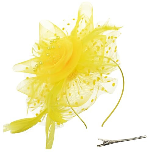 DRESHOW Fascinators Hut Blume Mesh Bänder Federn auf einem Stirnband und einem geteilten Clip Cocktail Tea Party Headwear für Mädchen und Frauen, - Gelb - Gr. Einheitsgröße