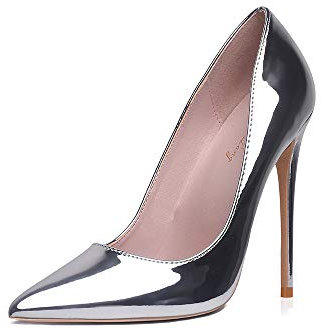 GENSHUO Women's Stiletto Heels, Sexy Pointy Court Shoes, 12 CM (4.72 in), Classic Slip-on Patent High Heels for Party Wedding, Silver, 5 UK