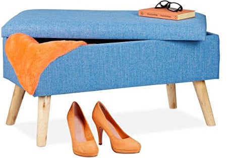 Relaxdays Sitzbank mit Stauraum, gepolsterte Truhenbank, modern, Holzbeine, Stoffbezug, H x B x T: 39 x 77 x 39 cm, blau