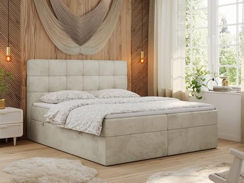 MKS MEBLE Boxspringbett 140x200 mit Matratze, Bett mit Multipocket - Matratze H3 und Topper, Polsterbett 140x200 mit Bettkasten und Kopfteil, ERNI - Beige Velvet