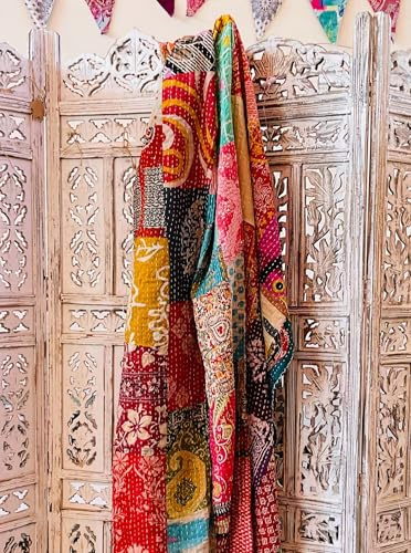 Indian Vintage Patchwork Cotton Kantha Quilt 55X85 Assorted Patches Cotton Kantha Hand Embroidered Bedcover - Set Of 1