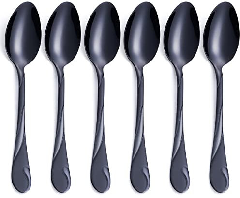 Seeshine Black Dinner Spoon Set, 19 cm Stainless Steel Spoon Cutlery, 6-Piece Shiny Black Soup Spoons Table Spoon, Dishwasher Safe, Set of 6