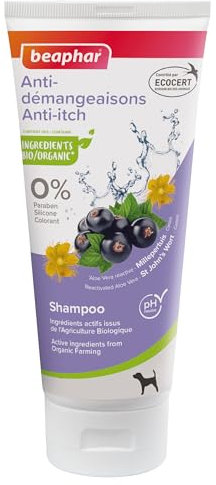 BEAPHAR – Shampoo antiprurito Etichettato ECOCERT per cani – Contiene Aloe Vera, Erba di San Giovanni e Ribes Bio – pH neutro – Senza Parabene/Silicone/Colorante e Senza Alcol – 200 ML