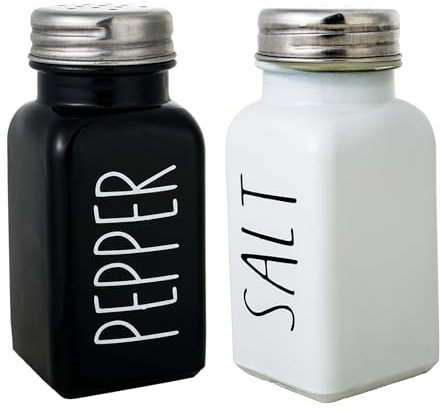 2 Pack Salt & Pepper Shaker Sets, Black and White Glass Stainless Steel Spice Bottles, Empty Square Spice Bottles Containers, Condiment Pot, Barbecue Sprinkling Bottles, Silicone Collapsible Funnel