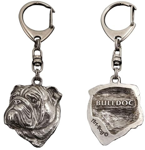 Art-Dog Niedlicher Hundeschlüsselanhänger - Exklusive Kollektion English Bulldog - Englische Bulldogge II Schlüsselanhänger Hund - Versilberte Keyring mit 2,5 cm Schloss - 4,7x3,7x9,3cm