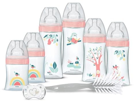 Dodie Kit Naissance - 6 Biberons Anti-Colique Tétines Plates (2x150 mL, 2x270 mL, 2x330 mL), 1 Sucette Anatomique 0-2 Mois, 1 Goupillon - Sans BPA - Rose