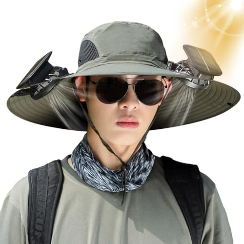 Hut mit breiter Krempe und Solarventilator, kühlender Hut mit Ventilator – Outdoor-Sonnenhut mit Solarventilator, LSF 50+ Solarventilator, Outdoor-Angelhut, Solar- und USB-Aufladung, Armeegrün, XL