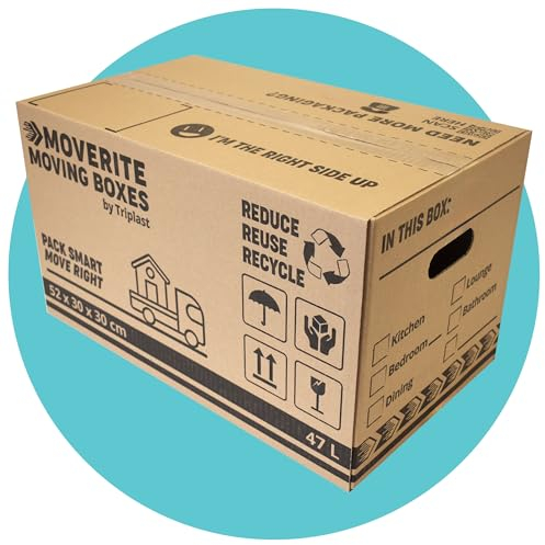 MoveRite Large Strong Cardboard Moving Boxes – Pack of 10 (47 litres 52cm x 30cm x 30cm) Removal Boxes for Moving House – Packing & Storage Cartons with Carry Handles by Triplast