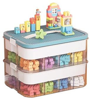 Kinder Aufbewahrungsbox mit Deckel für Lego Bausteine Aufbewahrungsfächer Stapelboxen Spielzeugaufbewahrung Stapelboxen Kunststoff Sortieren Kleinteile Transparent Organizer 2 Lagen Blaue Farbe