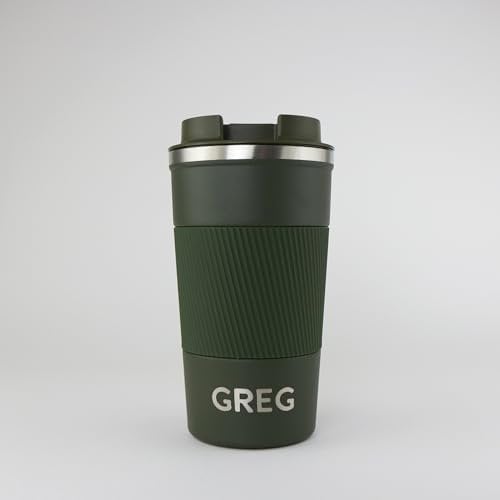 cribstar Personalised Engraved Insulated Travel Mug | Stainless Steel Tumbler | Double-Walled Tea/Coffee Cup | Leak-Proof & Reusable | Keeps Drinks Hot 12h / Cold 24h | Thermal Mug (Khaki, 510ml)
