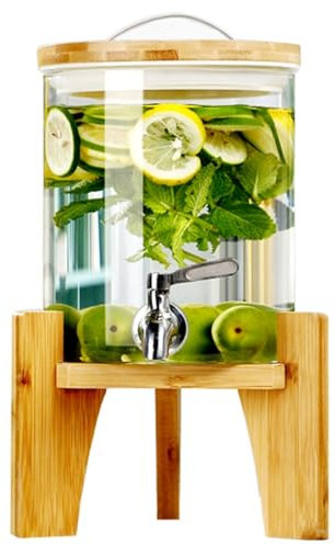 Glass Drink Dispenser with Stainless Steel Tap - 5L Leak Proof Beverage Dispenser with Wooden Stand, Easy Filling Wide Mouth, Perfect for Cocktails and Parties