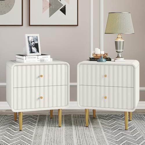 HOLTICO Bedside Tables Set of 2, White Bedside Table with 2 Drawers, Modern Fluted Nightstand, Wooden Bed Side Table for Bedroom Living Room
