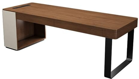 ZENGXJYCQINGJIANG Gaming Desk Modern Minimalist Solid Wood Desk with Charging Outlets, Walnut Color Home Office Writing Workstation with 2 Drawers(M)