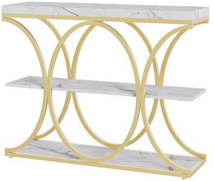 GarveeLife Console d'Entrée en Panneau MDF et Métal Doré, Structure Circulaire avec Plateau Imitation Marbre Blanc, Meuble de Rangement en 1 Carton, pour Entrée et Salon, 100 x 30 x 80 cm