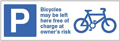 Caledonia Signs 17695M Cycles May Be Left Here Free of Charge at Owners Risk Sign, Rigid Plastic, 600 mm x 200 mm