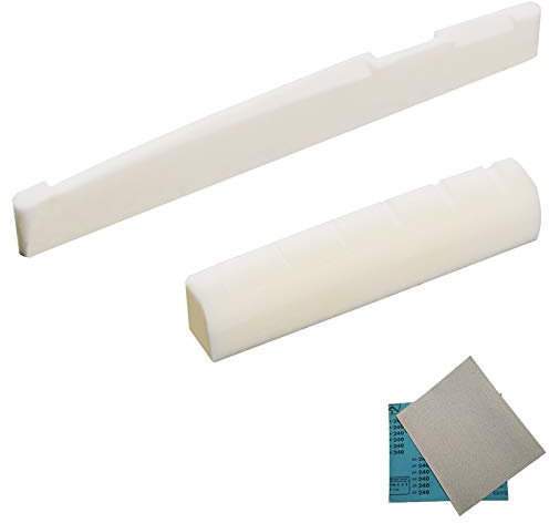 Irich True Bone Bridge Saddle and Nut with 2Pcs Sand Paper, Set of 6 String Guitar Saddle and Nut, Replacement Parts for Acoustic and Folk Guitar
