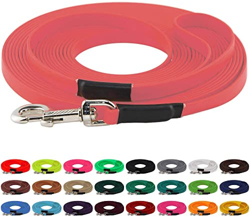 LENNIE BioThane Schleppleine, 19mm, Hunde ab 35kg, 20m lang, mit Handschlaufe, Koralle, genäht