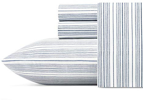 Nautica Bettlaken-Sets in voller Größe, Baumwoll-Perkal-Bettwäsche, frisch und cool, Küstendekoration (Marineblau mit Beaux Stripe Navy, Full)