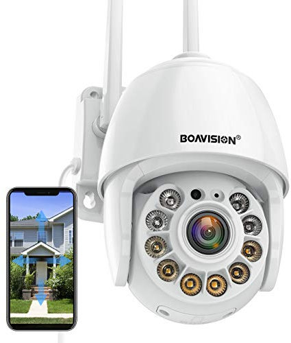 BOAVISION Caméra de sécurité extérieure, WiFi IP sans Fil, système de sécurité Domestique, Vue à 360°, détection de Mouvement, Suivi Automatique, Conversation bidirectionnelle, HD 1080p panoramique